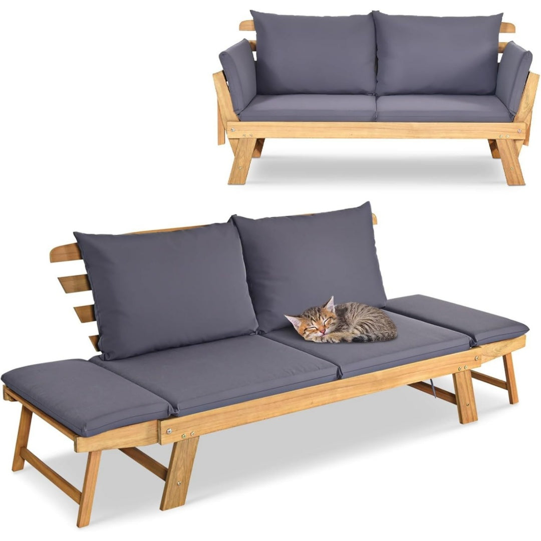 giantex gartenbank mit liegefunktion gartensofa mit klappbaren seitenlehnen balkonbank mit auflagen sitzbank outdoor aus akazienholz loungesofa 3-sitzer liegesofa fuer balkon garten terrasse