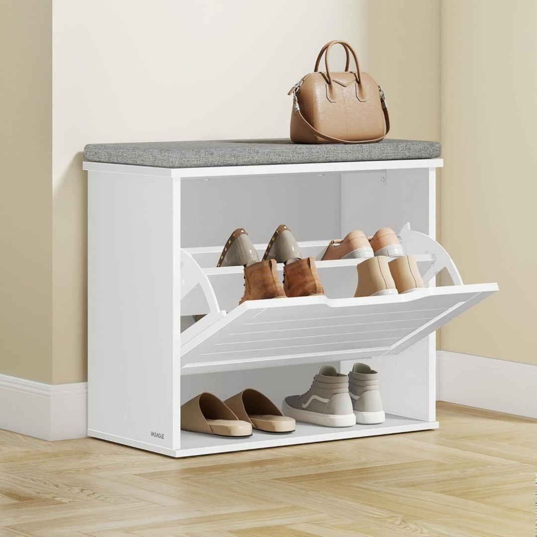 schuhbank mit sitzkissen fuer 6 paar schuhe 30 x 60 x 535 cm schuhkipper klappfach mit verstellbarer trennwand flur schlafzimmer wolkenweiss-taubengrau sofie kollektion lsb121wb01