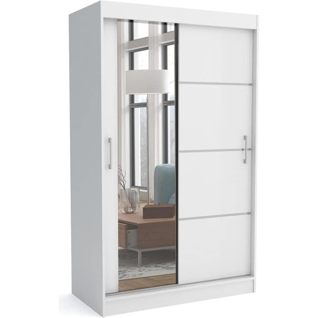 brent - kleiderschrank mit spiegel 100cm breit windsor tomy i schlafzimmerschrank mit 2 kleiderstange und einlegeboeden fuer kleidung i kleiderschrank weiss