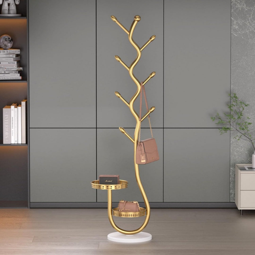 baumfoermiger garderobenstaender mit 2 ablagen kleiderstaender gold mit ablage kohlenstoffstahl 8 haken jackenstaender stehend stabil hanger stand lackiert garderobenstaender stabil 170cmgold