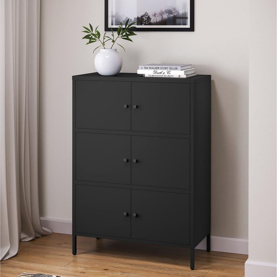 skolm atriona kommode 80 cm mit 3 faechern schwarz sideboard mit 6 tueren metallschrank mehrzweckschrank highboard breit hoehenverstellbare fuesse aufbewahrungsschrank flurschrank