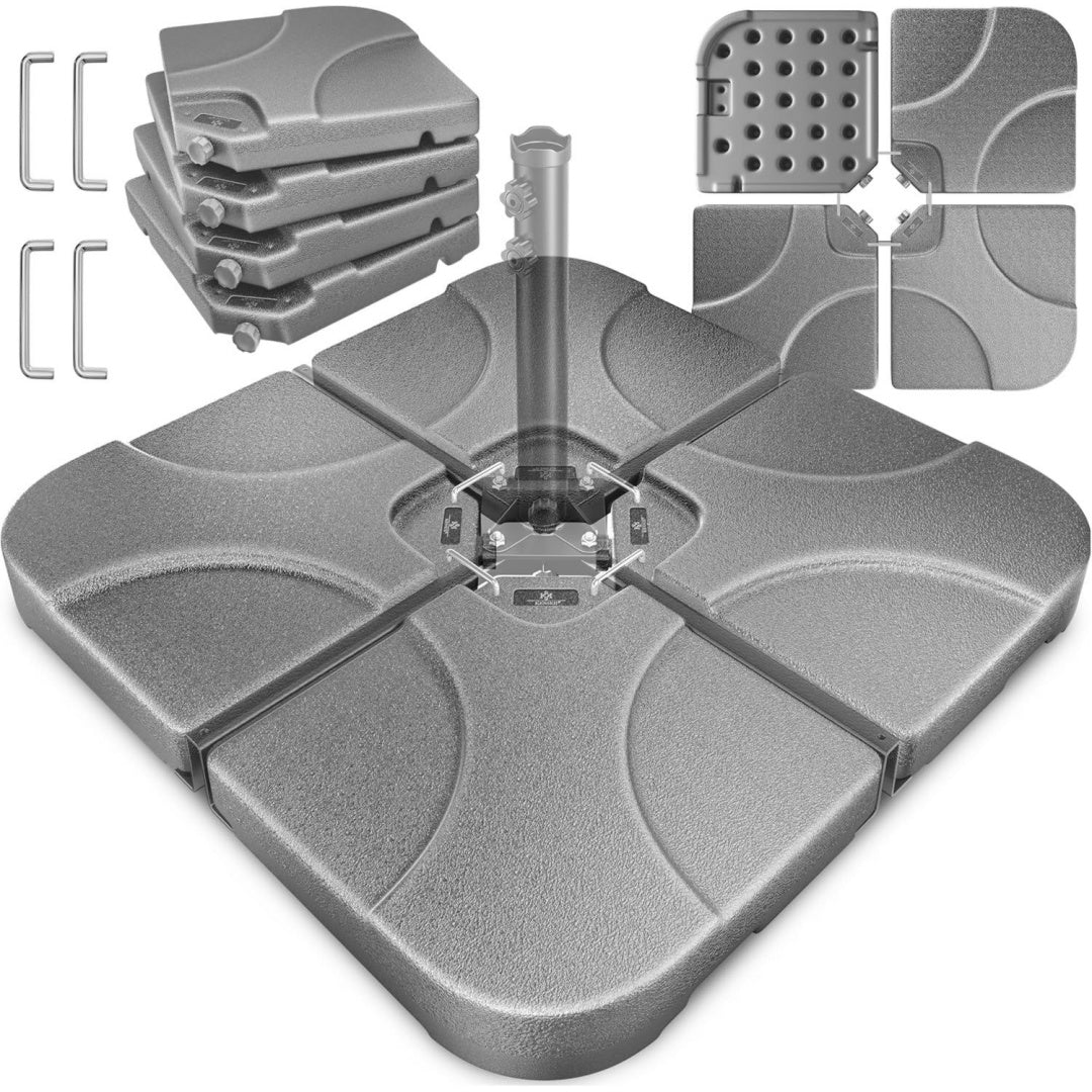 sonnenschirmstaender 4-teilig schirmgewicht schirmstaender fuer ampelschirm bodenkreuz 60 liter 80 kg befuellbar mit wasser oder sand inkl metallverbinder ampelschirmstaender kunststoff