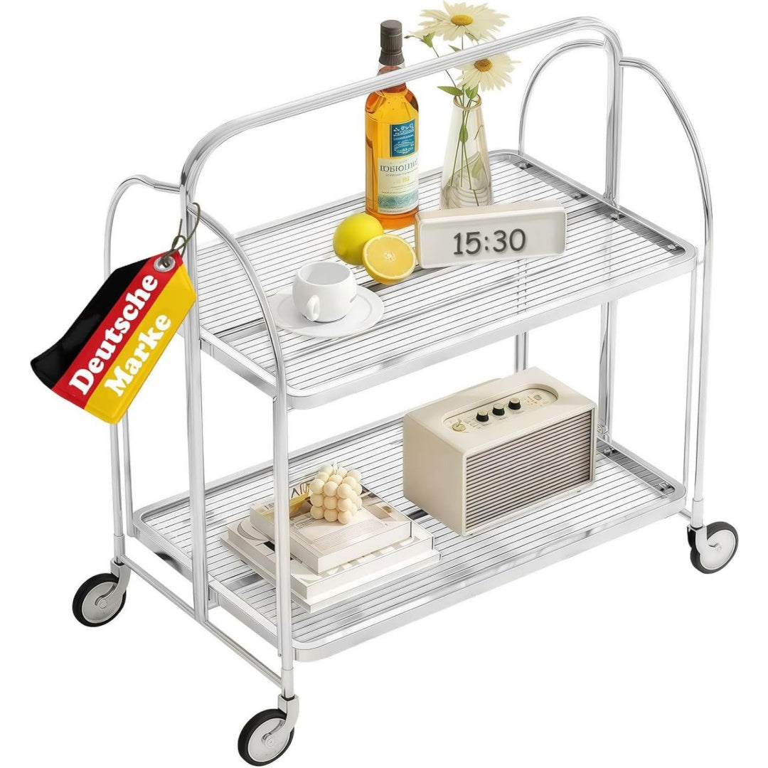 gliese servierwagen klappbar 2 etagen silber riffelglas kuechenwagen gehaertetes riffelglas verchromtes metall 4 rollen 2 mit bremse 68x40x80 cm kueche wohnzimmer bad balkon
