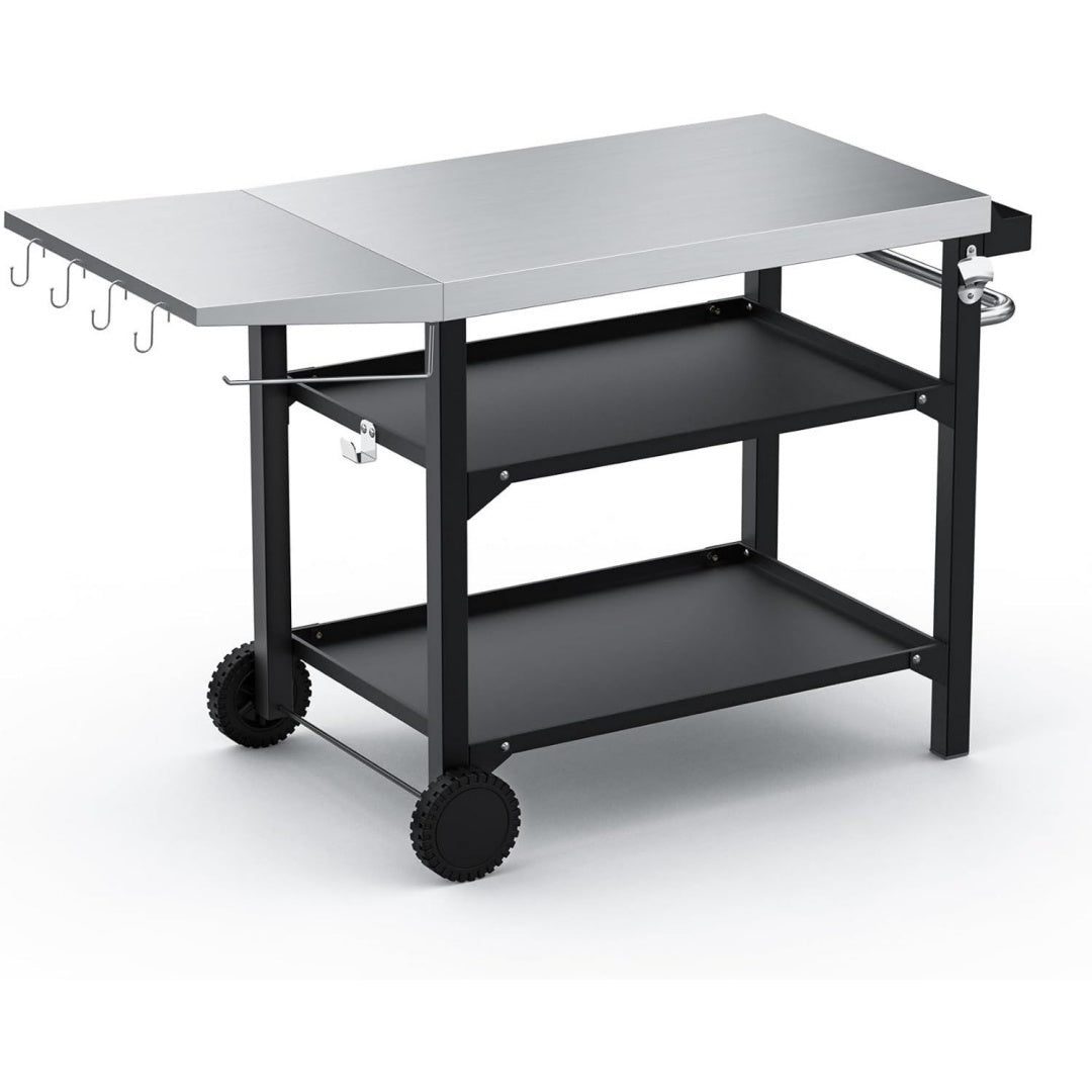 grillwagen 120cm mit edelstahl arbeitsplatte outdoor grilltisch 3-etagen fuer pizzaofen und gasgrill rollen und servierwagen mit gewuerzbox grill-tisch outdoor grill trolley
