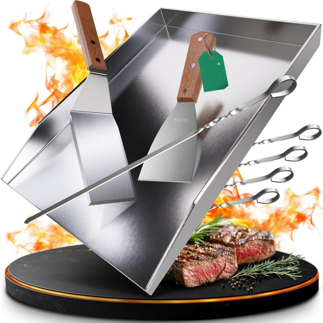 grillplatte - plancha grill platte aus dickem rostfreiem edelstahl 40 x 30 cm fuer grill gasgrill kohlegrill geeignet plus buerste grillspachtel