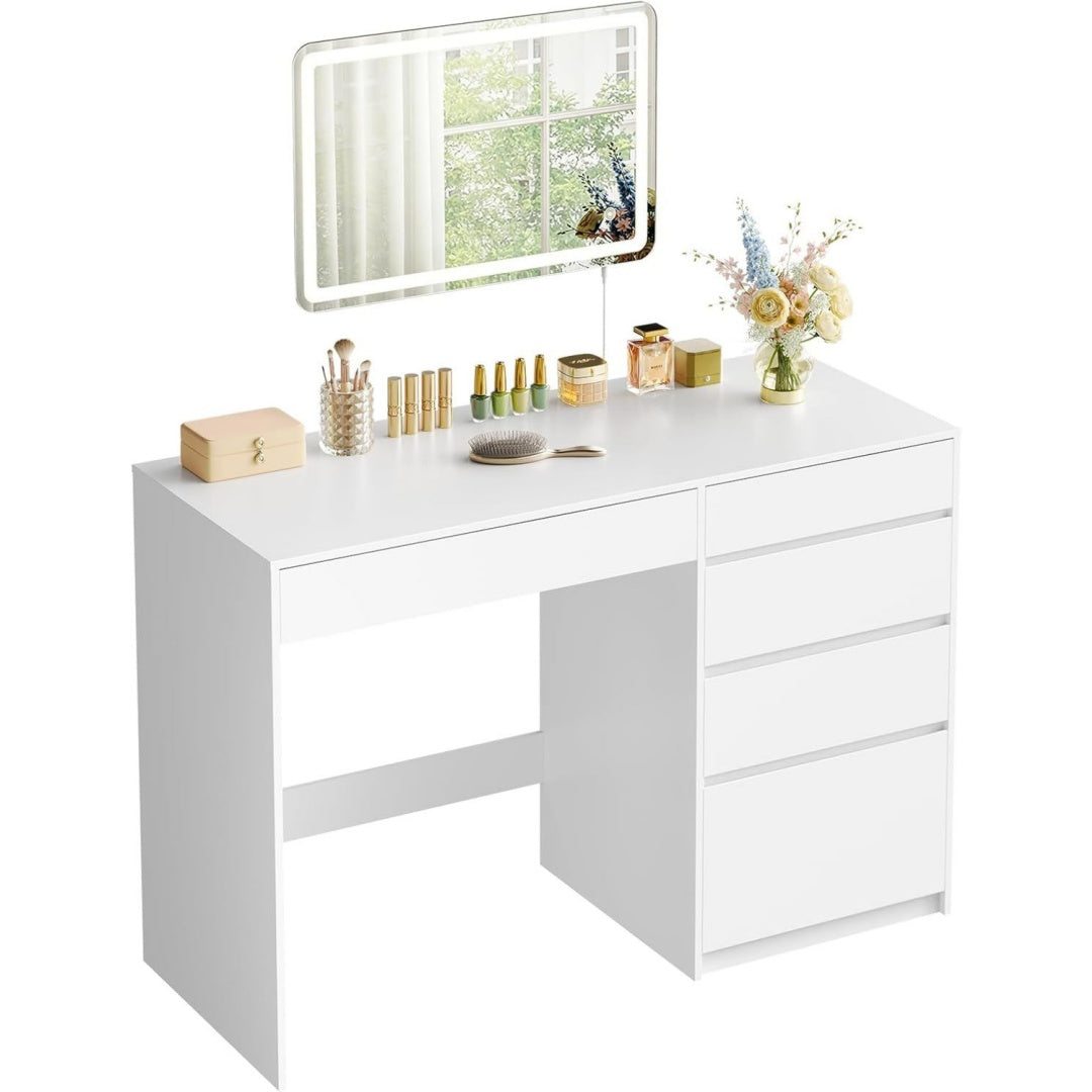2-in-1 schminktisch schreibtisch mit lichtemittierende diode-beleuchtung 5 schubladen einstellbare helligkeit wandspiegel 40 x 60 cm frisiertisch 100 x 45 x 75 cm weiss fuer schlafzimmer buero holz